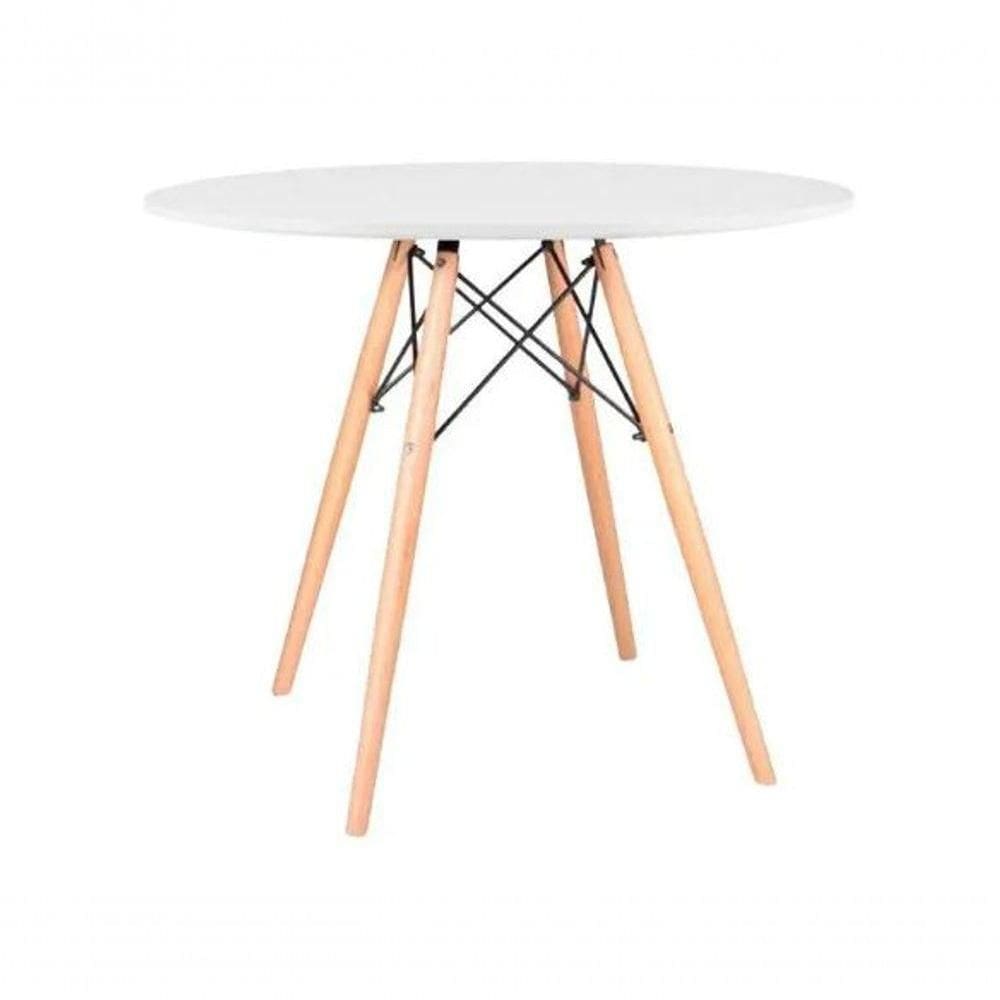 Mesa Redonda De Jantar Eames Eiffel 110cm Branca Base Madeira Maciça