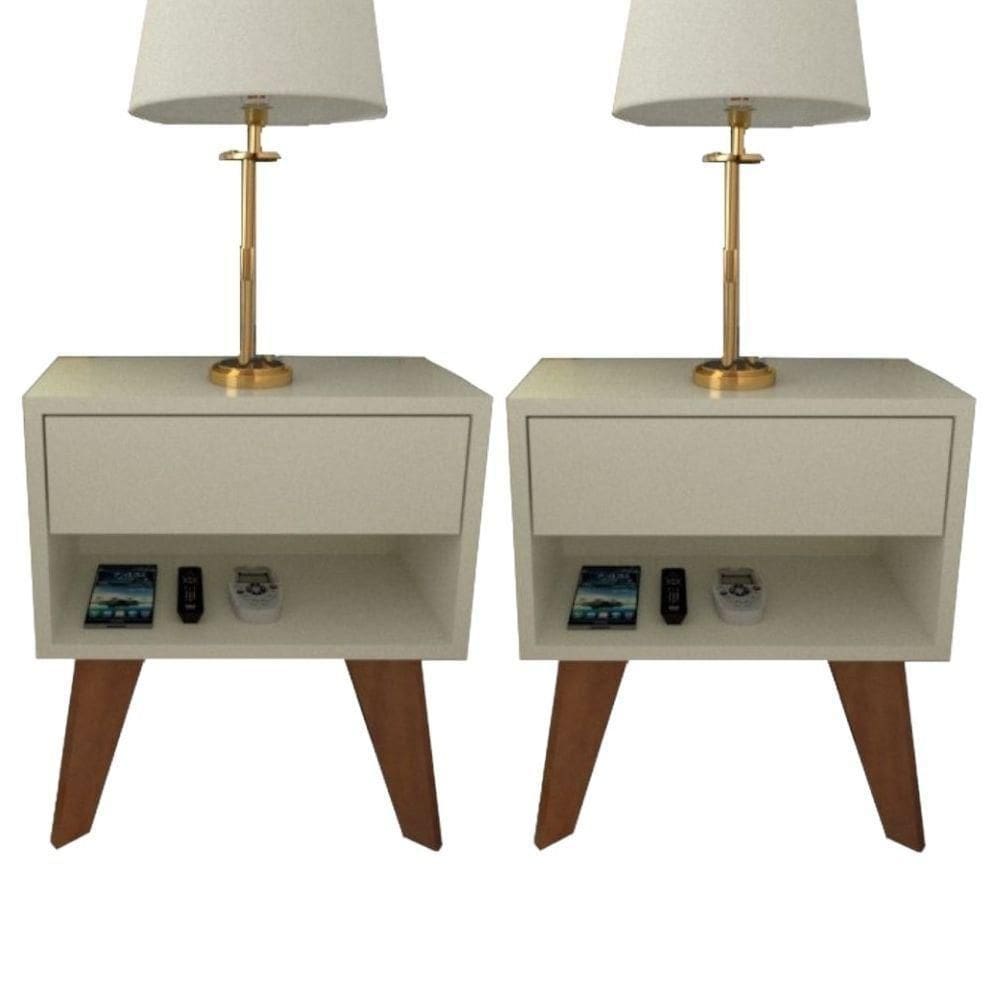 Kit 2 Mesas De Cabeceira 1 Gaveta 40 Cm Mdf Branco Com Pés