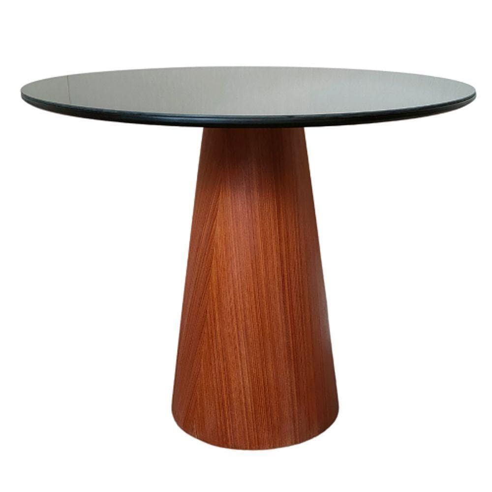 Mesa De Jantar Cone 100 Cm Base Madeira Mogno Tampo Laca + Vidro Cor Marrom