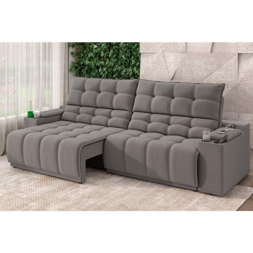 Sofá Connect Premium 2,30m Assento Retrátil-reclinável Com Porta Copos E Entrada Usb Suede Cinza
