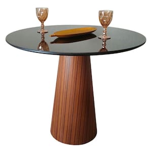 Mesa De Jantar Cone 100 Cm Base Madeira Pau Ferro Rajado Tampo Laca + Vidro Cor Preto