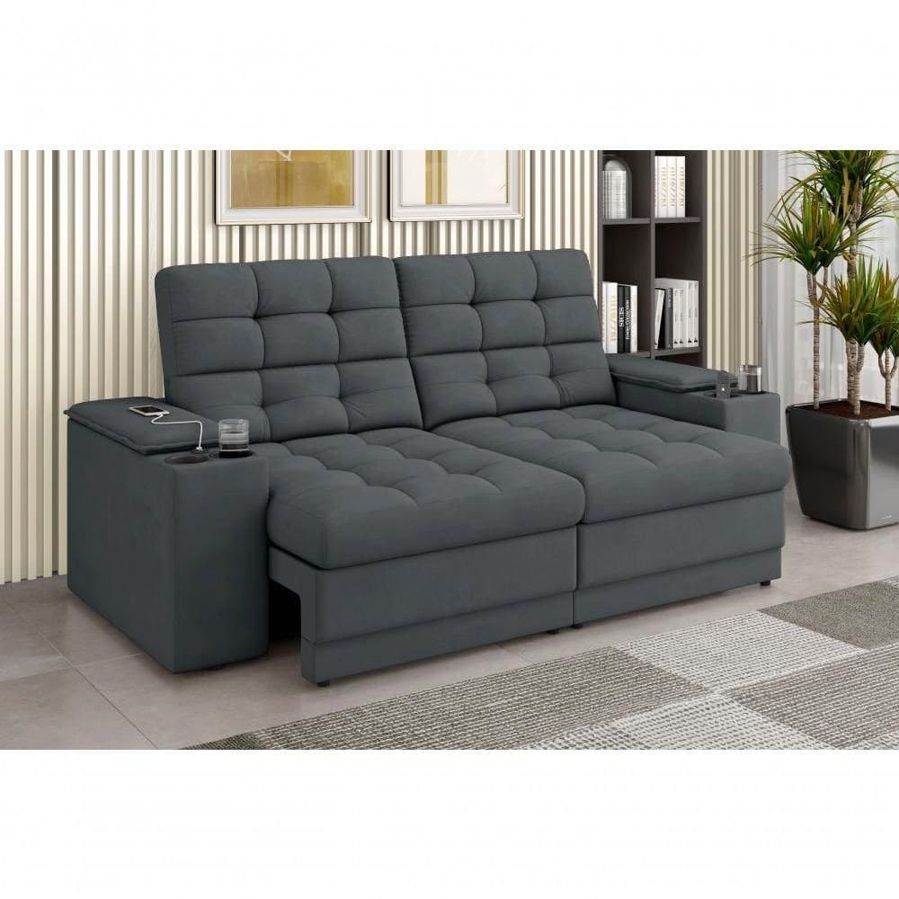 Sofá Confort Premium 2,05m Assento Retrátil-reclinável Porta Copos E Usb Suede Cinza - X Sofas