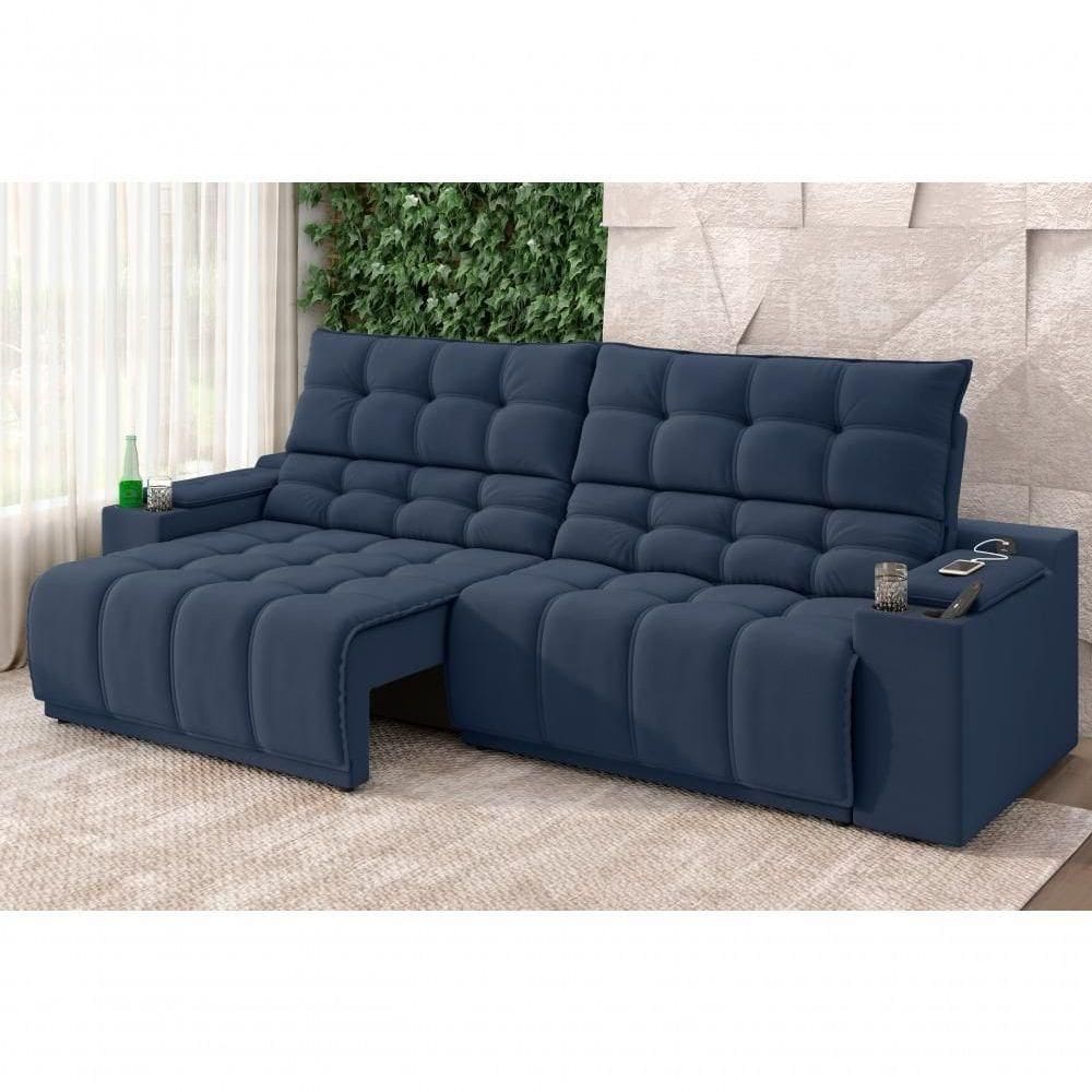Sofá Connect Premium 2,00m Assento Retrátil-reclinável Com Porta Copos E Entrada Usb Suede Azul