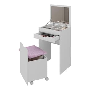Penteadeira 54cm Com Espelho 1 Gaveta 1 Porta Basculante E Puff Multimóveis CR35251 Branco/rosa