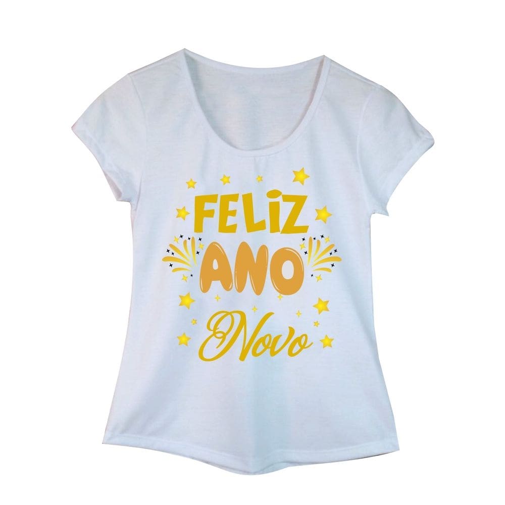 Camiseta Adulta Feminina Manga Curta Feliz Ano Novo