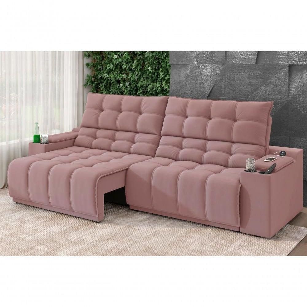 Sofá Connect Premium 2,30m Assento Retrátil-reclinável Com Porta Copos E Entrada Usb Suede Nude