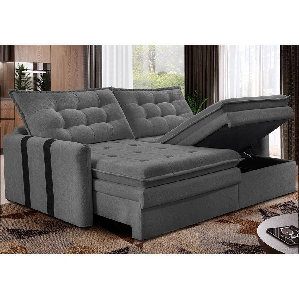 Sofá Baú Sem Caixa Retrátil 1,80m Softgel Petit Boucle Cinza Escuro Cama Inbox