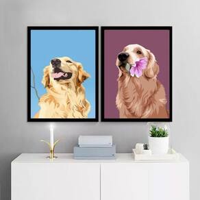 Kit 2 Quadros Artes Golden Retriever 24X18Cm