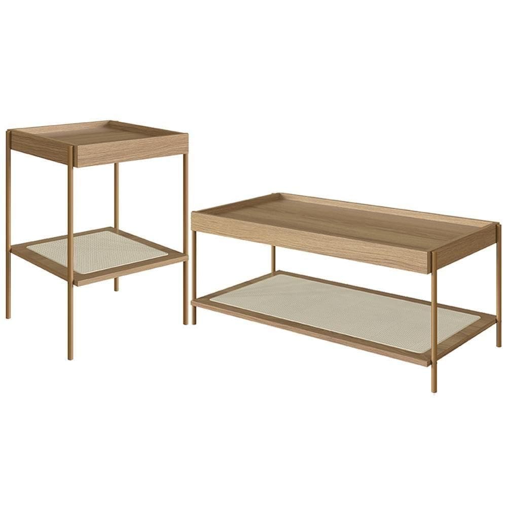 Conjunto Mesa De Centro E Mesa Lateral Para Sala Industrial Indy A03 Hanover Dourado