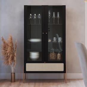 Cristaleira Para Sala De Jantar 2 Portas Industrial Indy A03 Nero Dourado