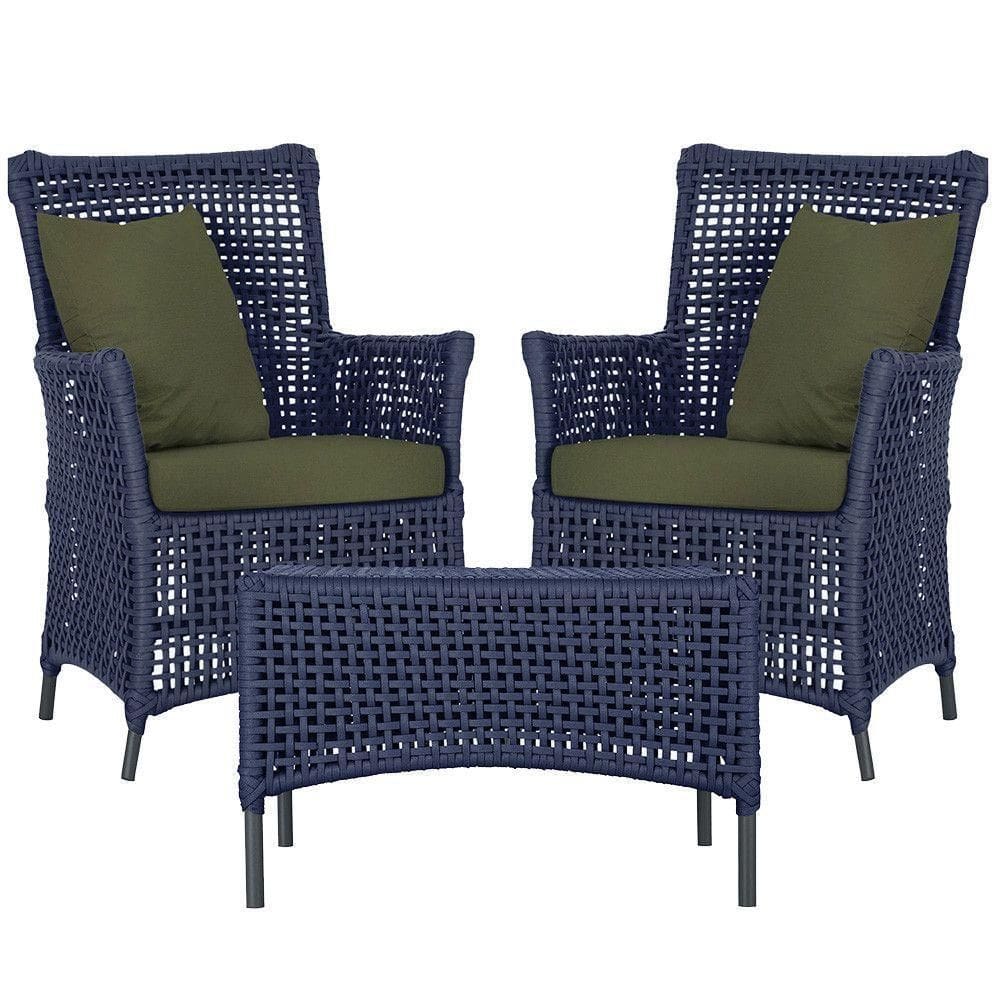 2 Poltronas E 1 Mesa Igapó Alumínio Preta Corda Náutica E13 Azul