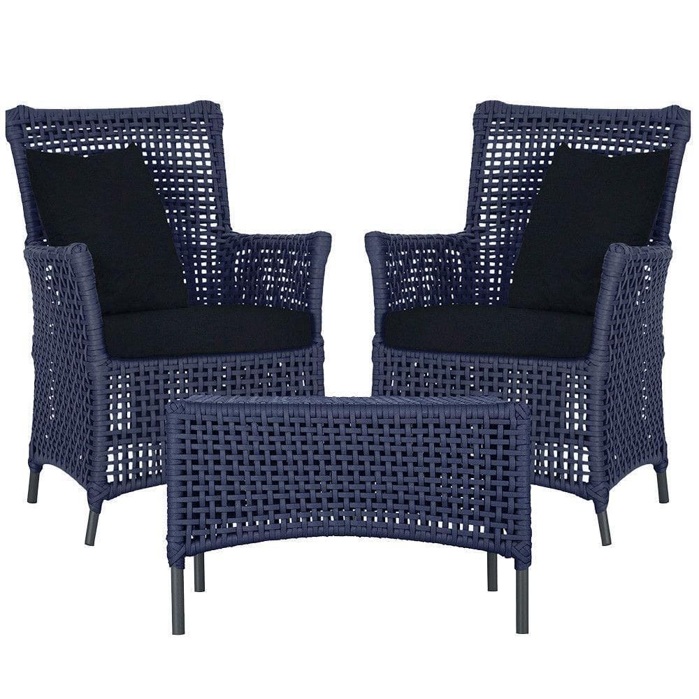 2 Poltronas E 1 Mesa Igapó Alumínio Preta Corda Náutica E12 Azul