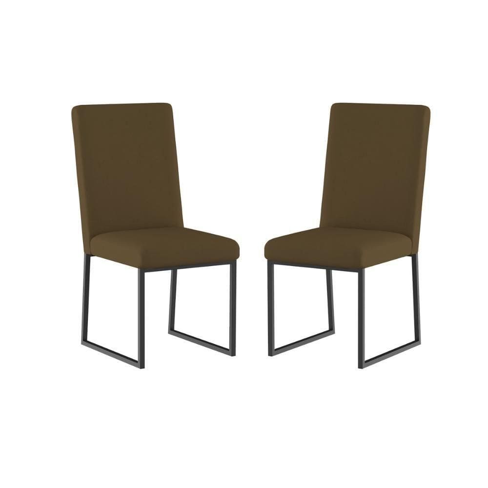 Kit 2 Cadeiras Estofadas Base De Ferro Preto Para Mesa Jantar Marrom