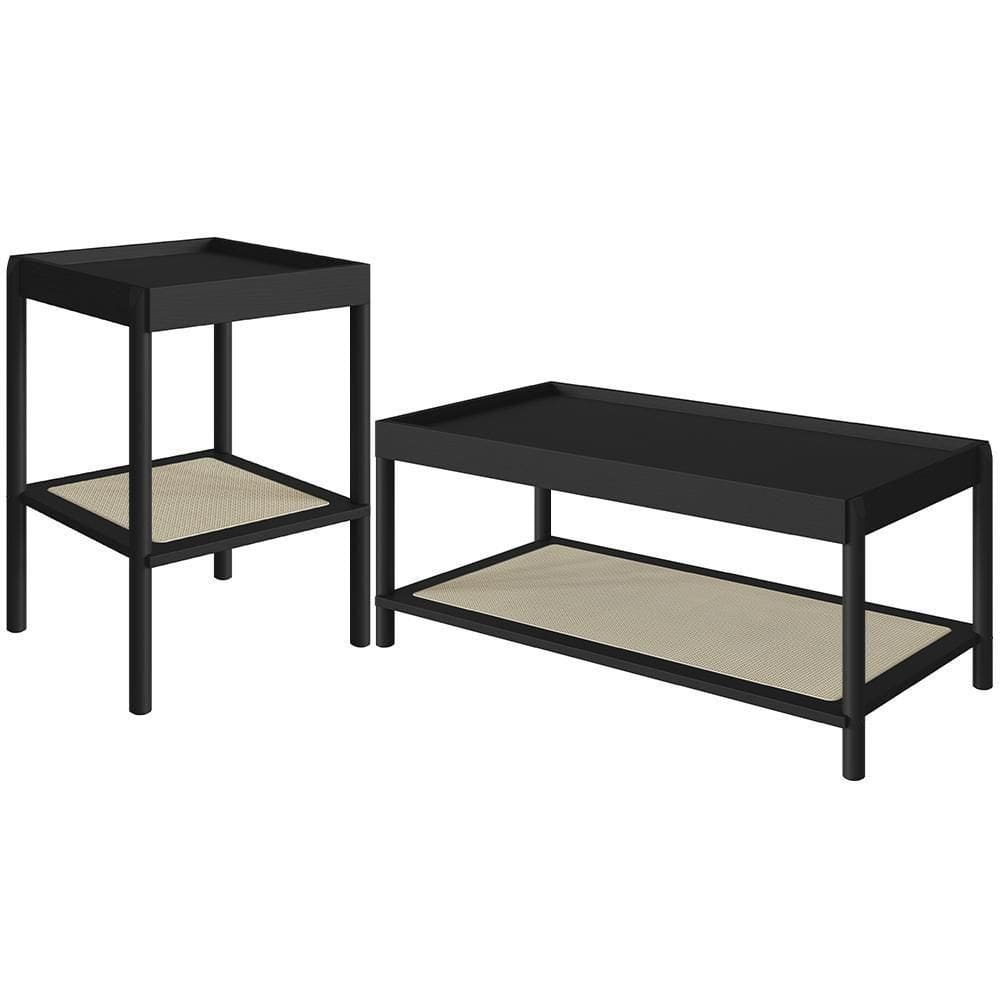 Conjunto Mesa De Centro E Mesa Lateral Para Sala Pés Madeira Moss A03 Nero Preto