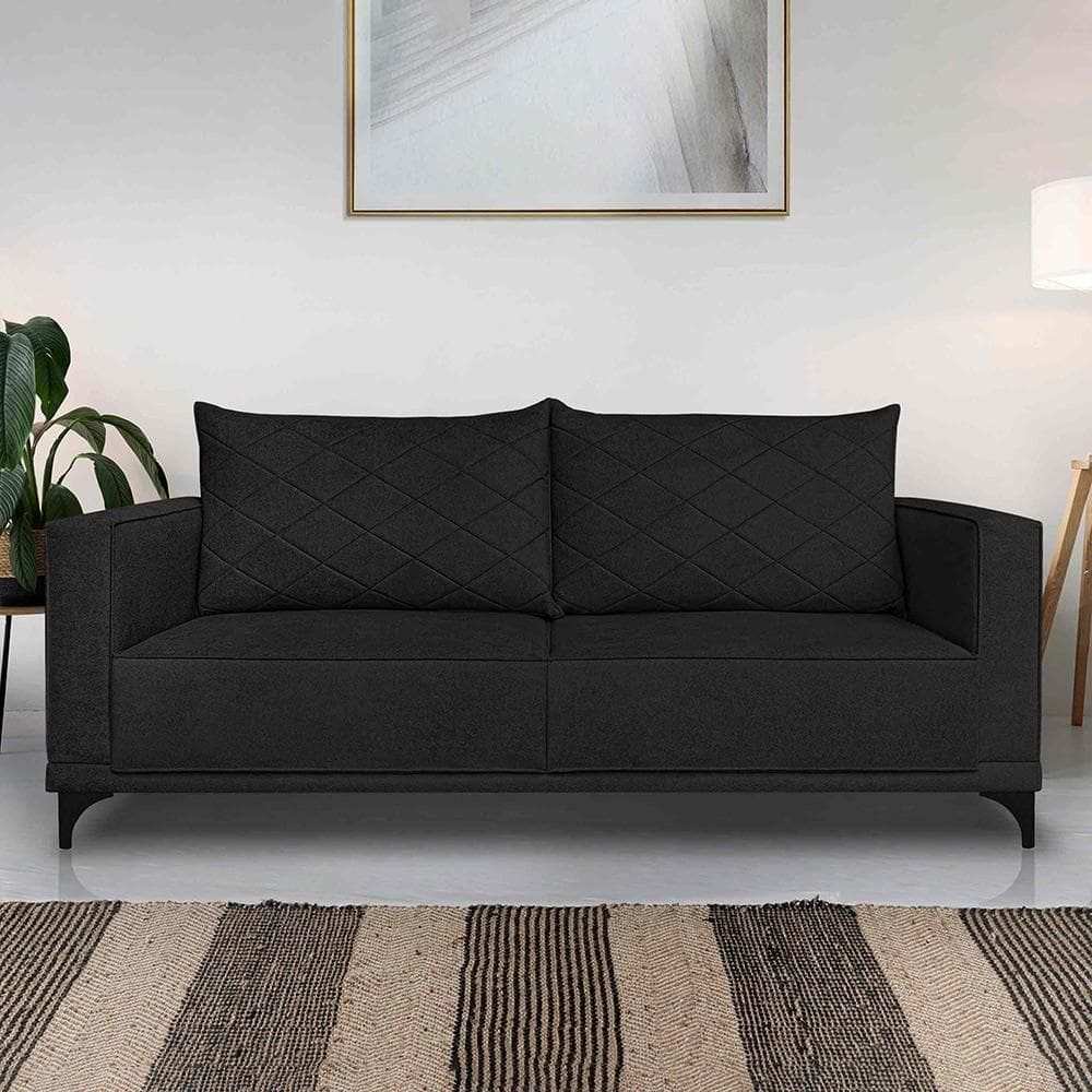 Sofá Living 2 Lugares Com Pés De Ferro Almofadas Soltas 180cm Neso Bouclê Preto