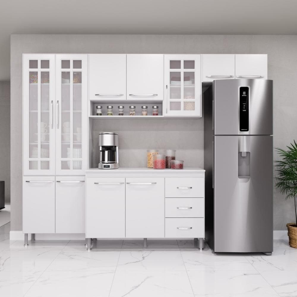 Cozinha Modulada Compacta Fidelitá Viena 4 Peças 260cm 11 Portas 3 Gavetas Com Tampo Branco