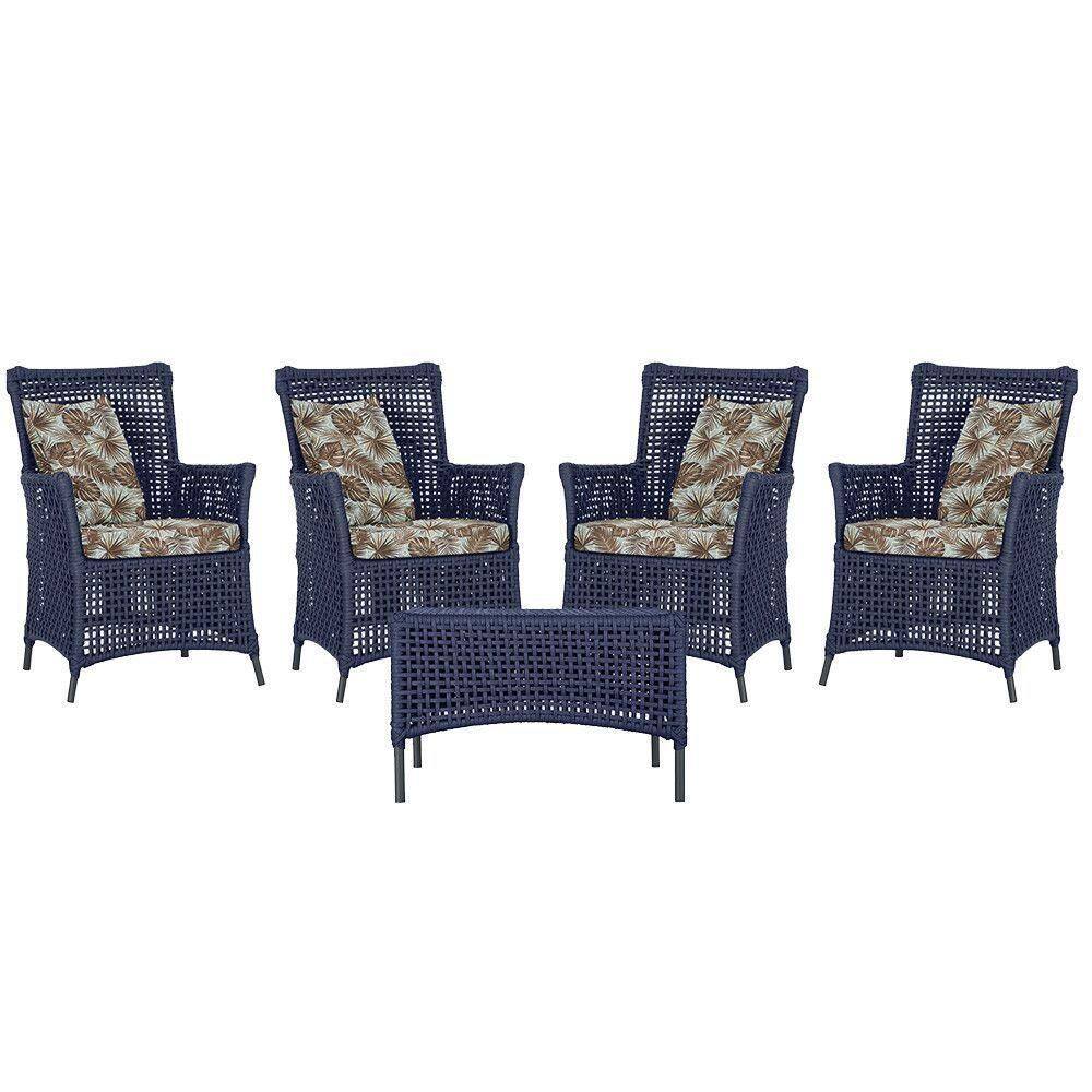 4 Poltronas E 1 Mesa Igapó Alumínio Preta Corda Náutica E6 Azul