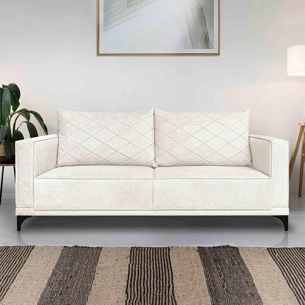 Sofá Living 2 Lugares Com Pés De Ferro Almofadas Soltas 180cm Neso Bouclê Off White