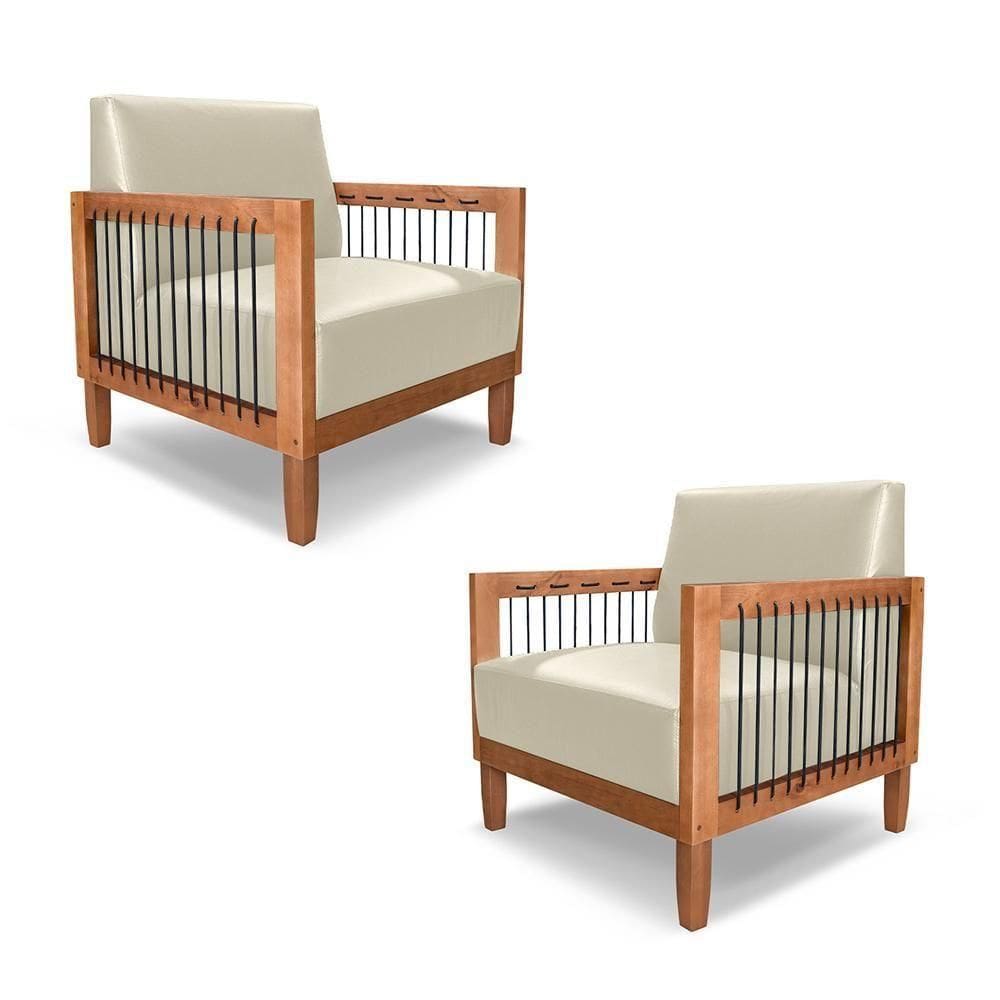 Kit 2 Poltronas Sala De Estar Pés Madeira Maciça Corda Náutica Preta 75cm Manila Pu Bege