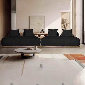 Sofá Modulado 6 Lugares Com Almofadas Soltas Pés Madeira Maciça 360cm Homer Bouclê Preto
