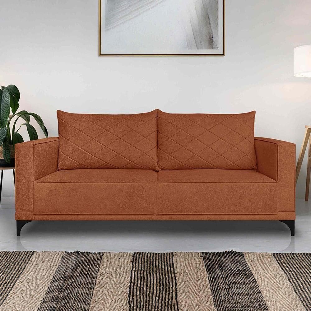 Sofá Living 3 Lugares Com Pés De Ferro Almofadas Soltas 220cm Neso Bouclê Terracota
