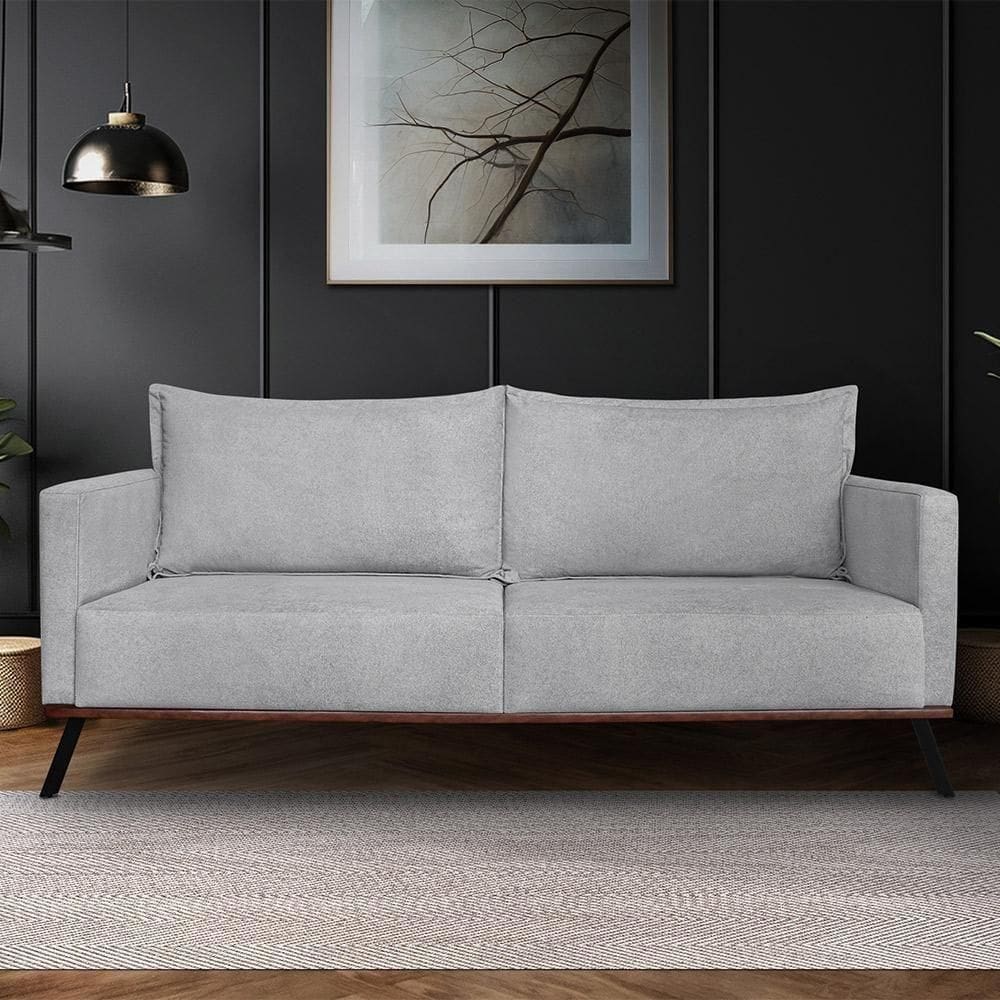 Sofá Living 3 Lugares Com Pés De Ferro Almofadas Soltas 220cm Saiph Bouclê Cinza