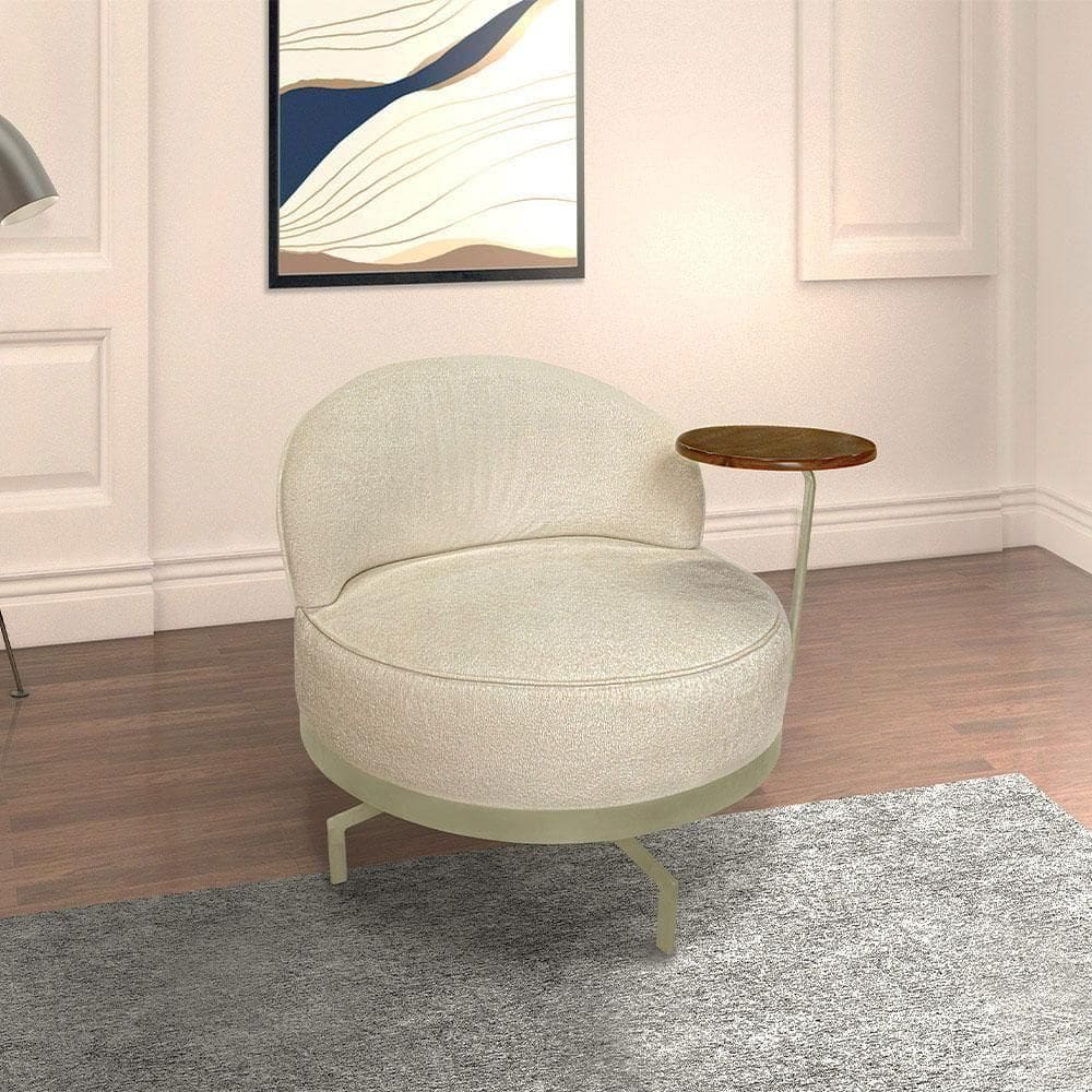 Poltrona Sala De Estar Pés Em Ferro Champagne Giratória Braço Madeira Maciça 86cm Banff Bouclê Bege
