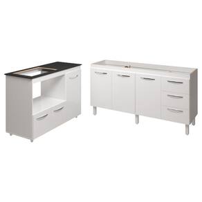 Balcão Cozinha Gabinete De Pia 160 Cm Estela E Balcão Para Fogão Cooktop 4 Bocas E Forno Elétrico Alana Branco