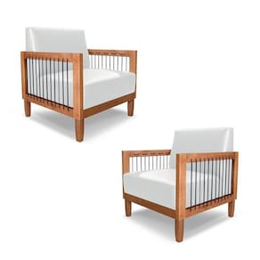 Kit 2 Poltronas Sala De Estar Pés Madeira Maciça Corda Náutica Preta 75cm Manila Pu Branco