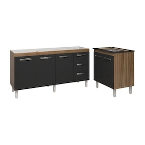 Cozinha Balcão Armário Gabinete De Pia 150 Cm Deise E Balcão Fran Para Fogão Cooktop 4 Bocas Savana Preto