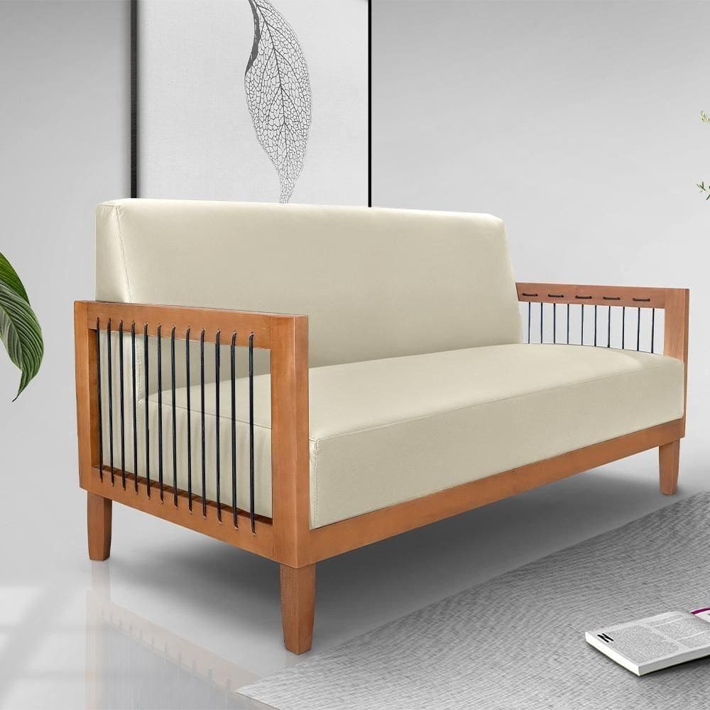 Sofá Namoradeira 2 Lugares Sala De Estar Pés Madeira Maciça Corda Náutica Preta 160cm Manila Pu Bege