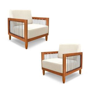 Kit 2 Poltronas Sala De Estar Pés Madeira Maciça Corda Náutica Preta 75cm Manila Linho Off White Rústico