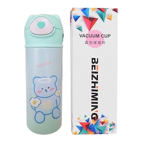 Garrafa Térmica Infantil Verde 420ml Com Tampa De Ursinho E Canudo Para Bebidas Quentes E Frias