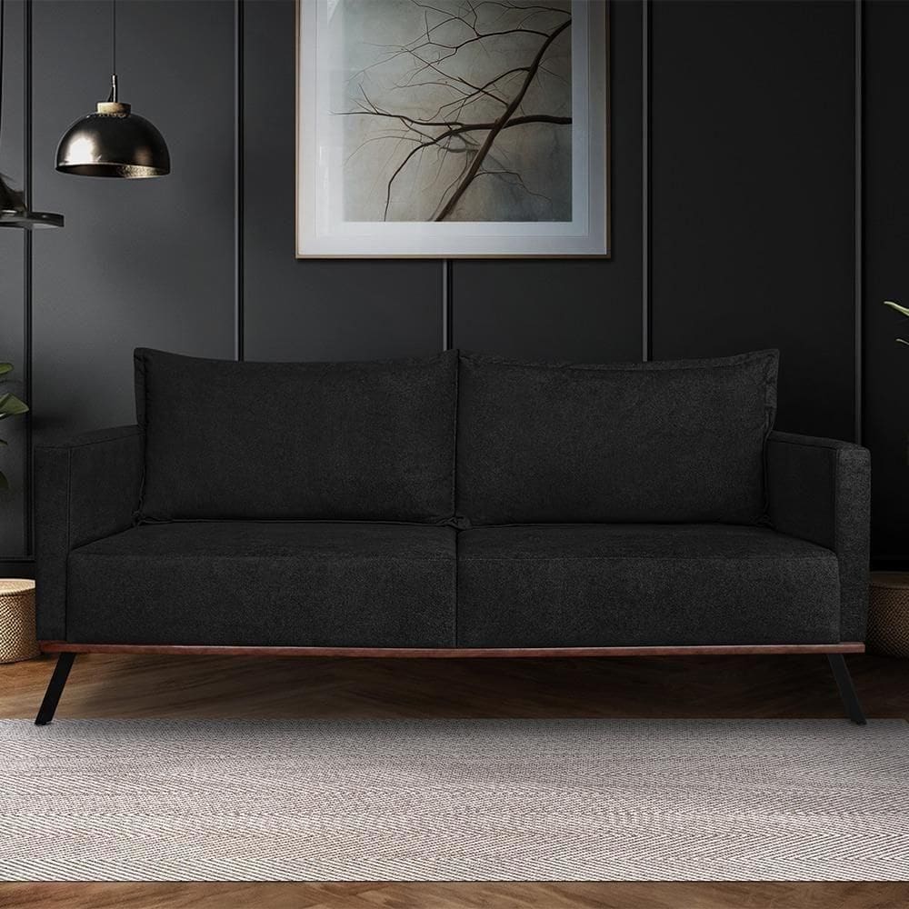 Sofá Living 2 Lugares Com Pés De Ferro Almofadas Soltas 180cm Saiph Bouclê Preto
