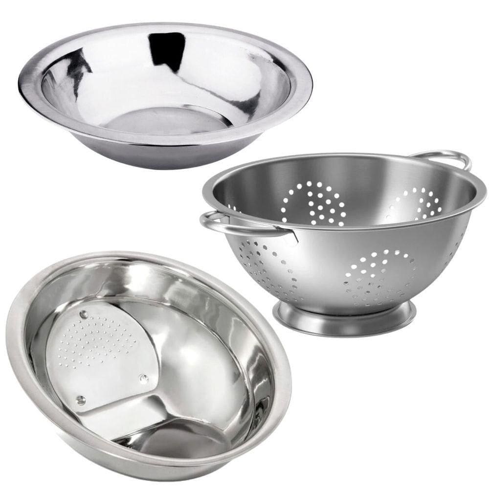 Kit Cozinha Escorredor De Macarrão, Lavador De Arroz E Bowl Aço Inox 3 Peças