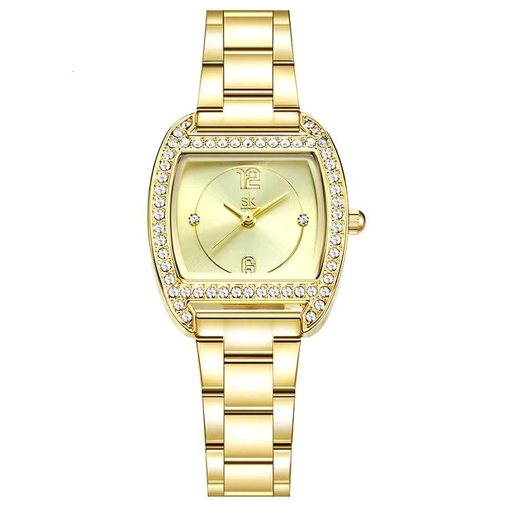 Relógio Feminino Em Aço Inoxidavel Quadrado De Quartzo Design Com Strass Dourado