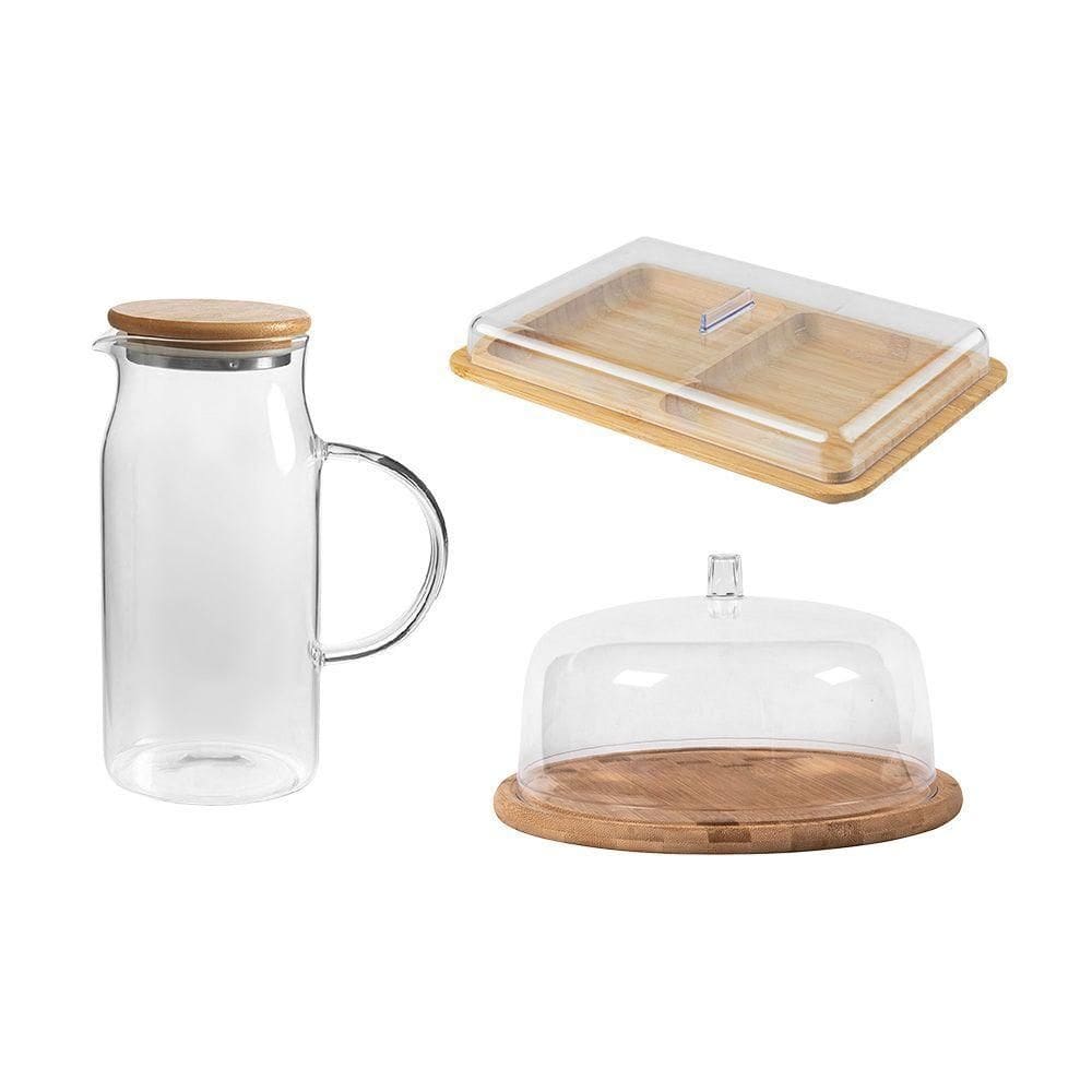 Kit Para Servir Com 01 Jarra De Vidro 1,15 L + 01 Porta Frios + 01 Boleira Em Bambu Ou