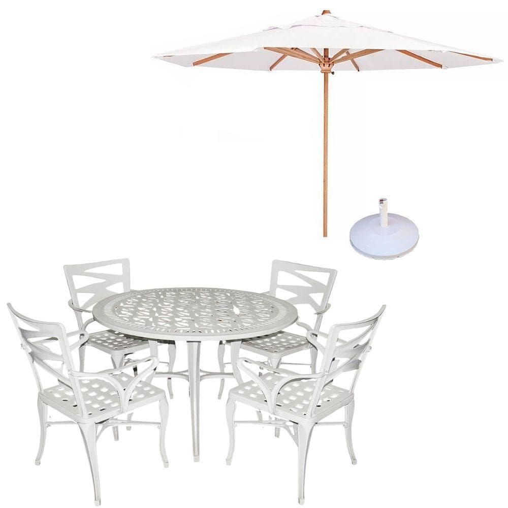 Conjunto De Mesa Com 4 Cadeiras Aluminio Fundido + Guarda Sol Branco