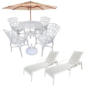 Conjunto Com Mesa Ripada + 4 Cadeiras De Jardim E Piscina + Ombrelone Com Base Bege
