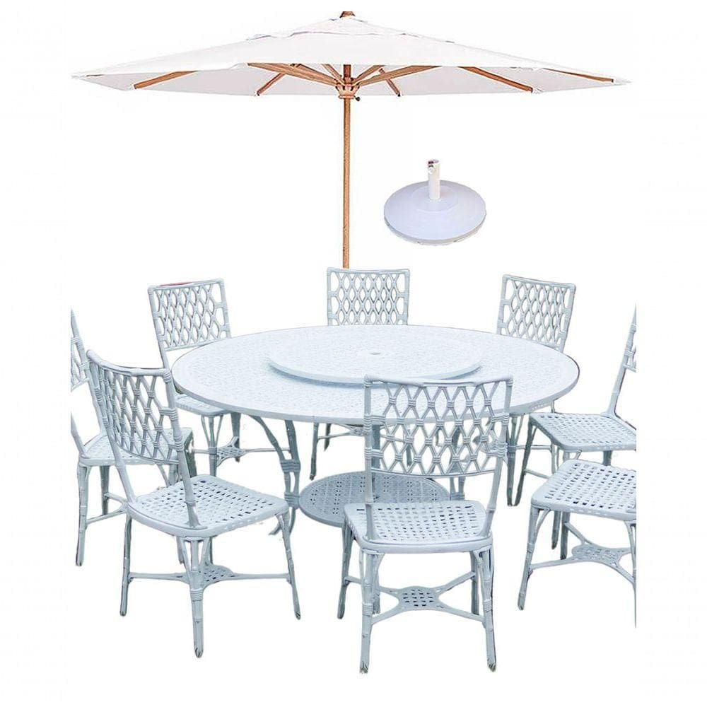 Conjunto Mesa Giratoria 8 Cadeiras Aluminio Piscina Jardim Branco