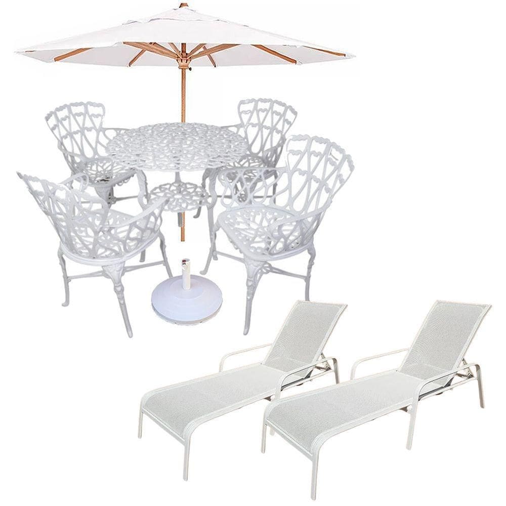 Conjunto Com Mesa Ripada + 4 Cadeiras De Jardim E Piscina + Ombrelone Com Base Branco