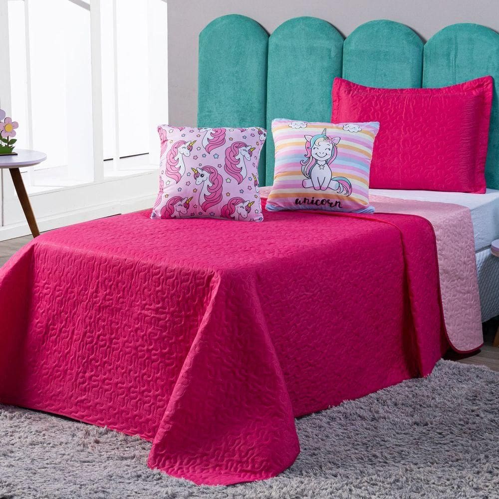 Kit Cobre Leito Unicórnio Listrado Pink/rosa Dupla Face C/ Almofadas Solteiro 04 Peças