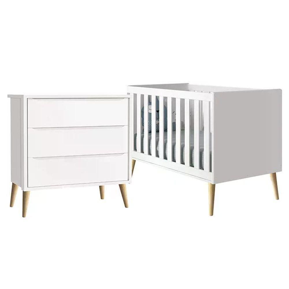 Jogo De Quarto Infantil Berço Branco Fosco Com Pés Madeira Natural- Reller Móveis Branco Fosco