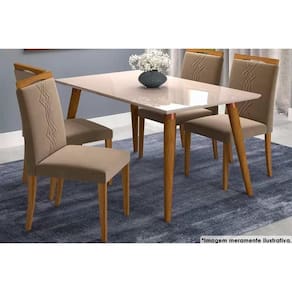 Sala de Jantar Completa Adele Madeira Maciça c/ Tampo Madeirado c/ Vidro 130x80cm e 4 Cadeiras Laura Madeirado/Suede Joli Capuccino - Cimol