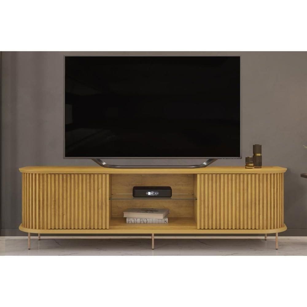 Rack Bancada P/tv Até 75 Pol Atlas 100% Mdf C/ Ripado E Pés 218x62cm Cedro - Dj Móveis