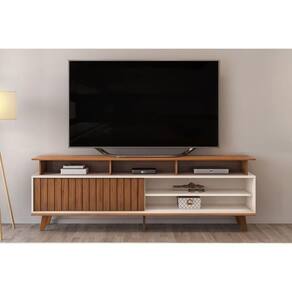 Rack Bancada P/tv Até 70 Polegadas Flow Ripado C/ Nichos E Pés 180x60cm Freijó/off White - Dj Móveis