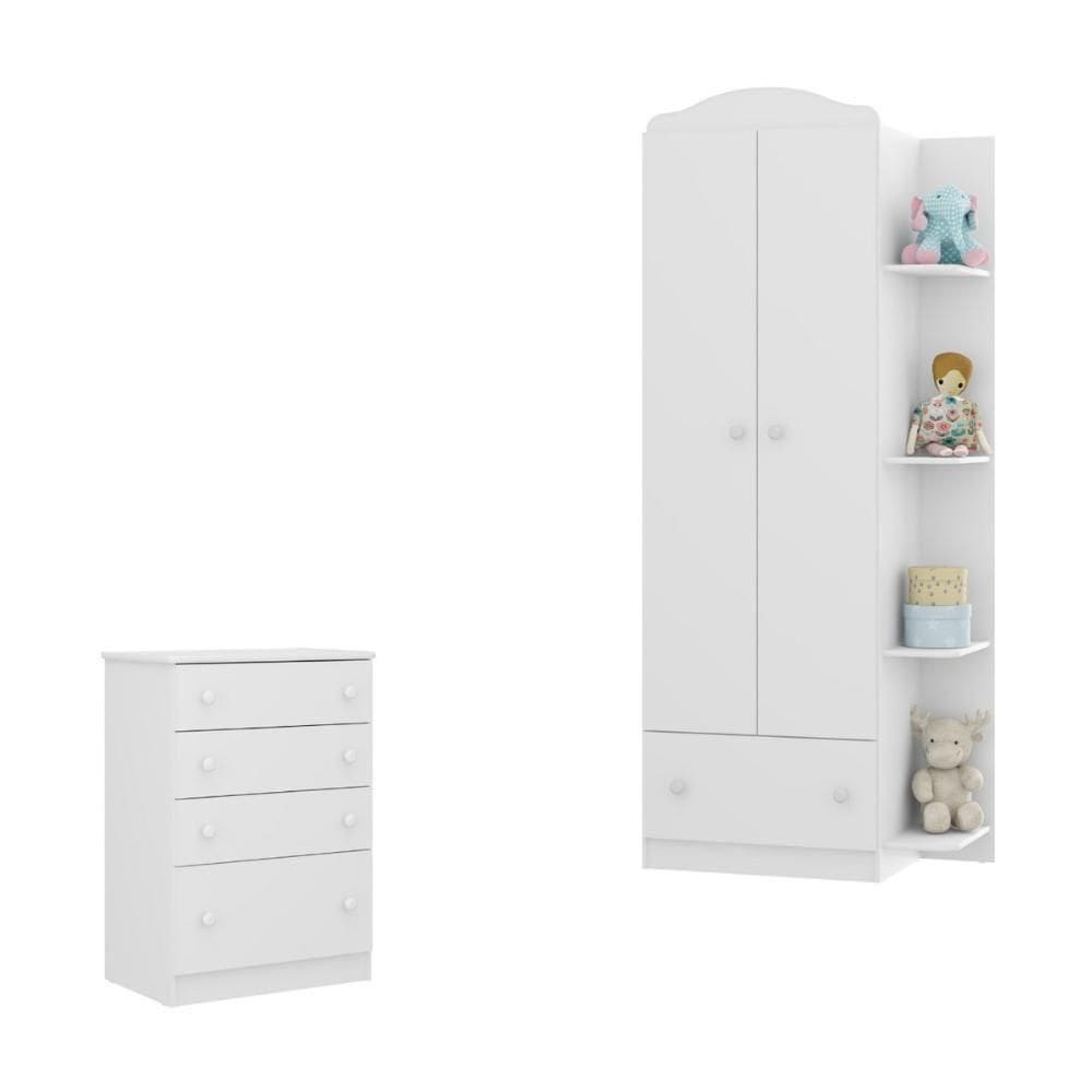 Kit Guarda-roupas Infantil 2 Portas e Cômoda 4 Gavetas João e Maria Multimóveis Mp4210 Branco Colorido