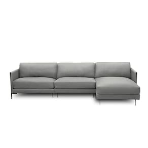 Sofá Decorativo Karine 5 Lugares Sala De Estar 300cm Com Chaise Pés Em Aço Couro Grafite