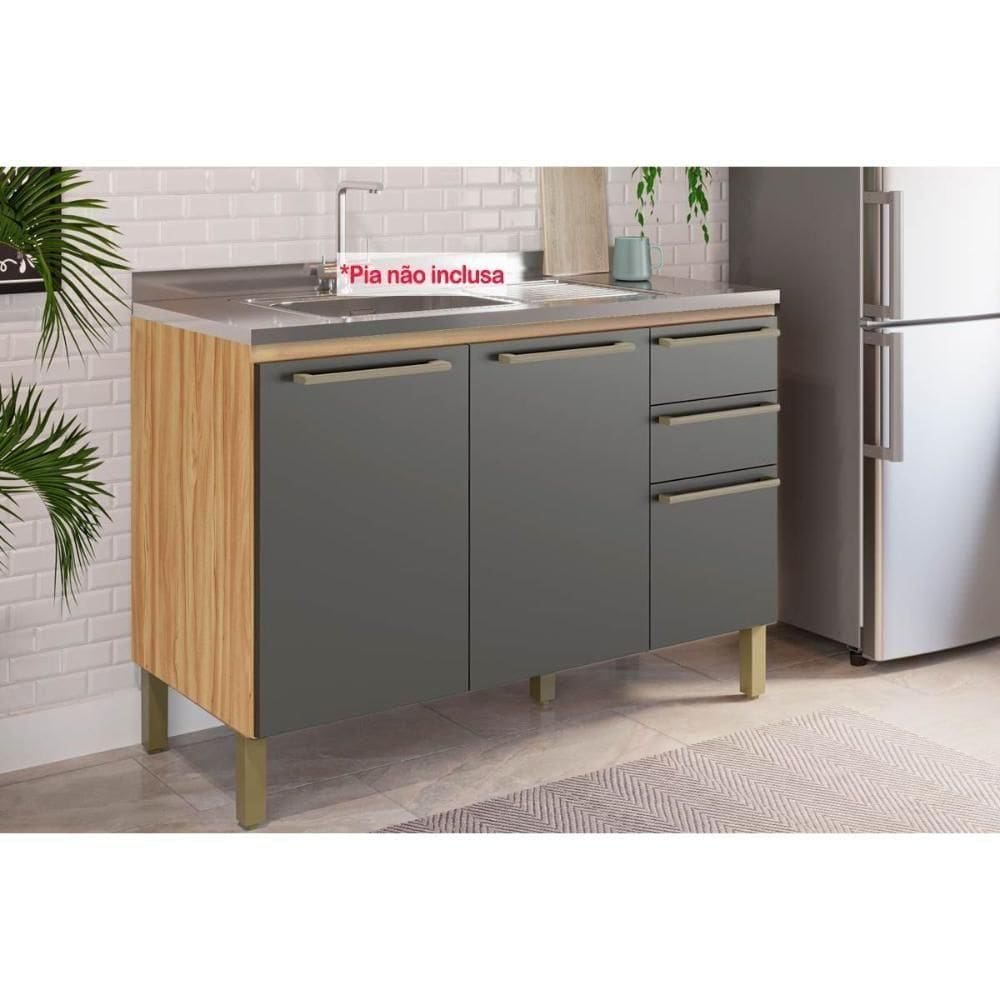 Balcão De Cozinha Modulado P/ Pia Nápoli 3 Portas E 2 Gavetas S/tampo 120cm Amendoa/chumbo - Ronipa