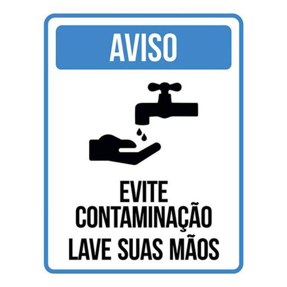 Kit 3 Placas Aviso Evite Contaminação Lave Suas Mãos Azul